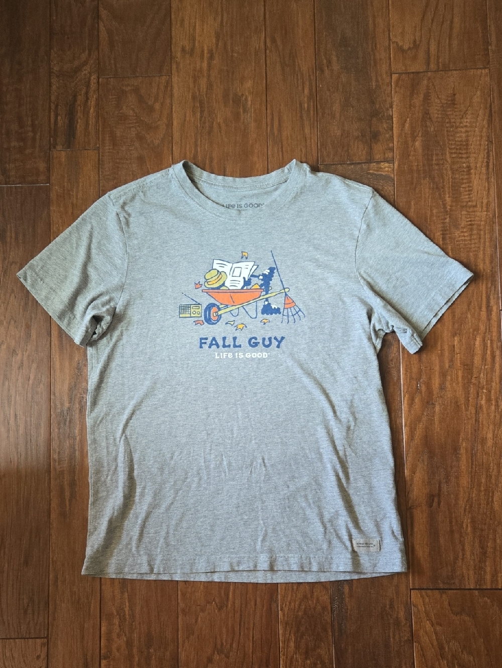 Life Is Good Gray Tee with Colorful Fall Guy Graphic Mens Medium